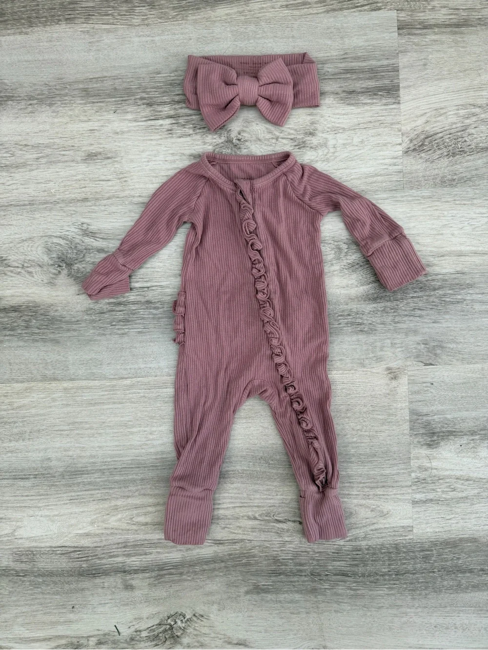 Little Sleepies Mauve Ribbed Ruffle Footie with Matching Headband